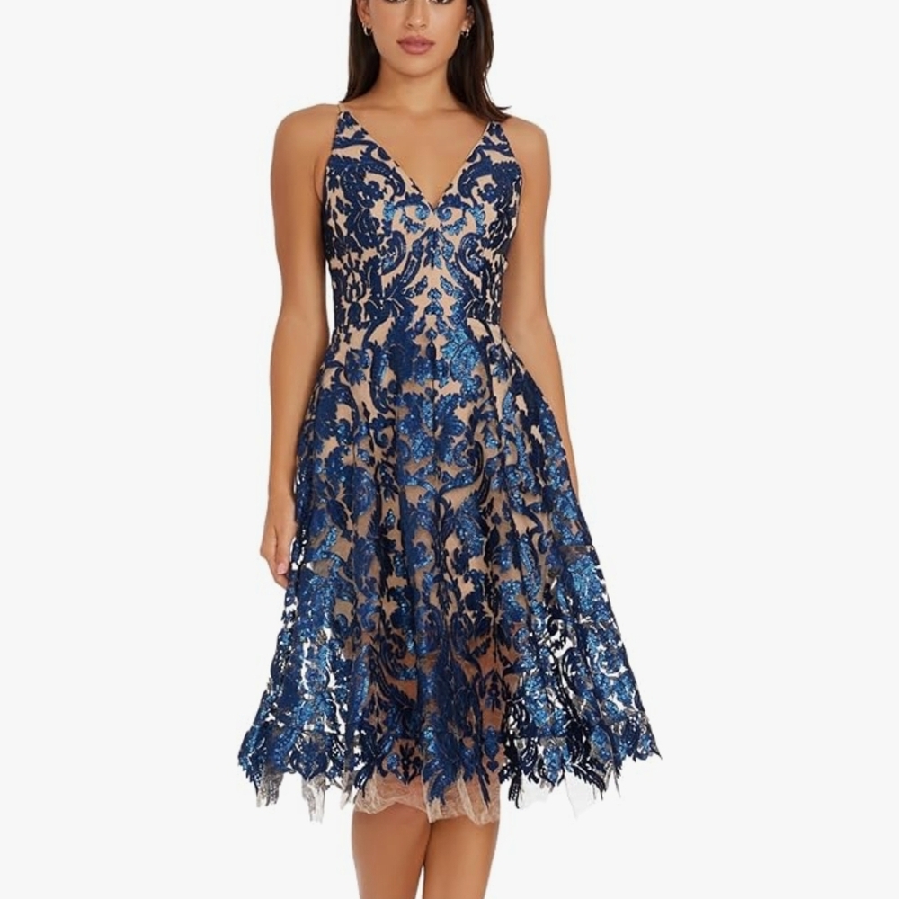 Dress the Population Blue and Nude Lace Midi Dress. NWT!!!